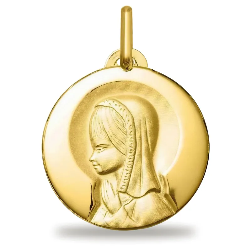 Médaille Vierge en Prière Disque Poli en Or Jaune 18 Carats