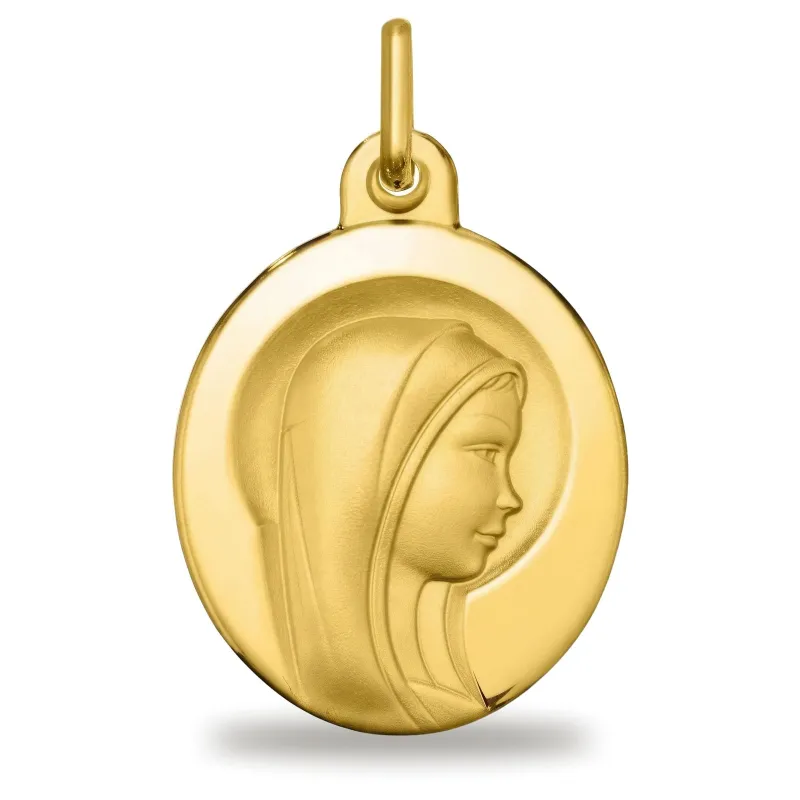 Grande Médaille Vierge Ovale Disque Poli en Or Jaune 18 Carats