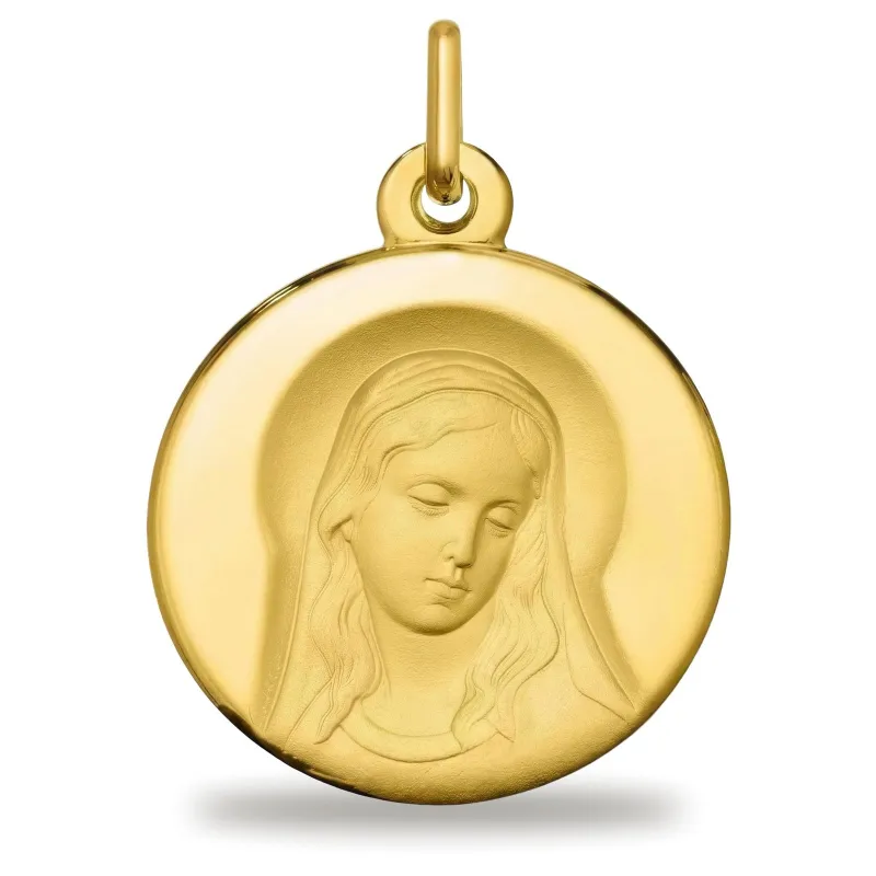Médaille Vierge de Face aux Cheveux Longs en Or Jaune 18 Carats