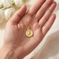 Medalla Virgen de Frente Cabello Largo Oro Amarillo 18K - 18 mm