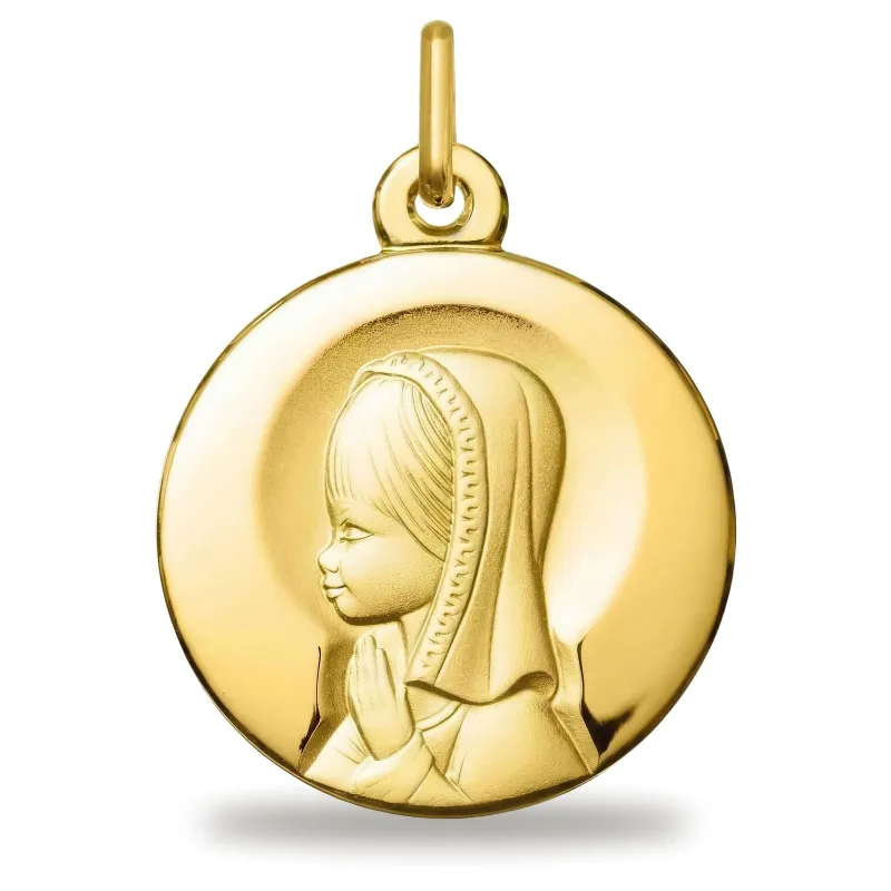 Médaille Petite Vierge en Prière 18 mm Disque Poli en Or Jaune 18 Carats