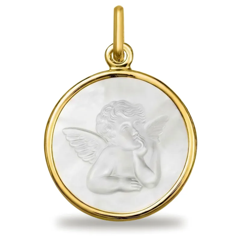 Grande Médaille Ange de Raphaël 18 mm en Nacre et Or Jaune 18 Carats