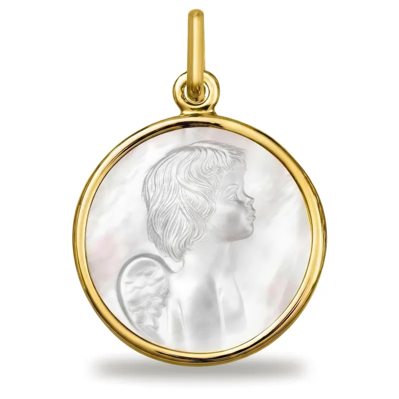 Medaille Betender Engel Perlmutt 18K Gelbgold - 16 mm