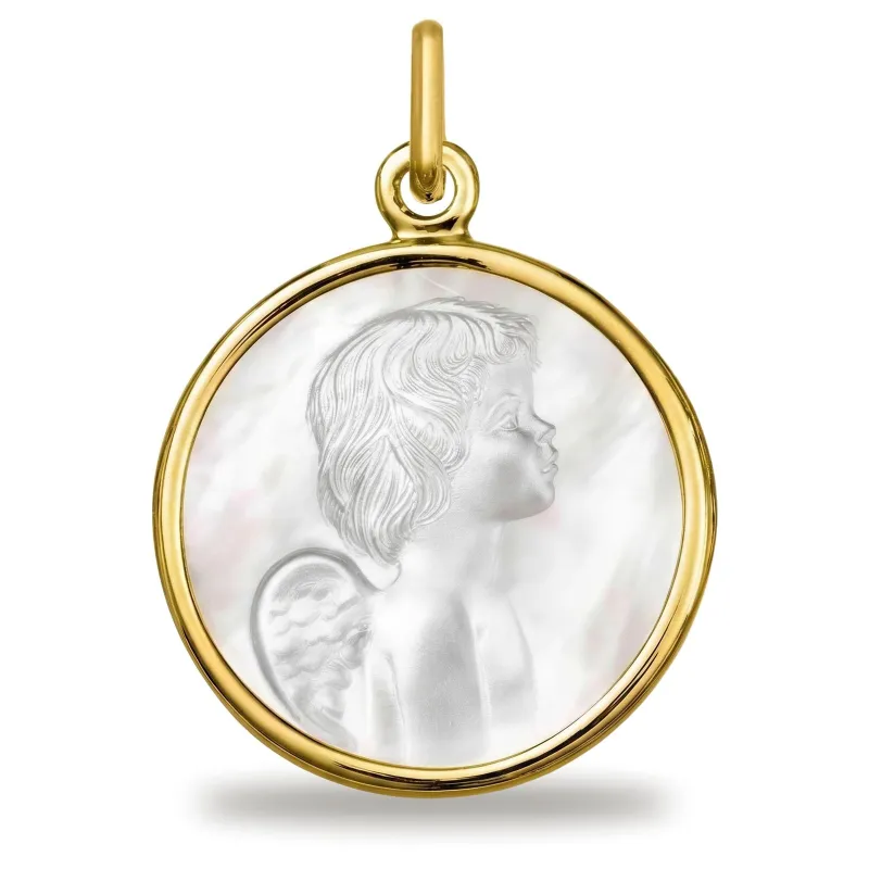 Grande Médaille Ange en Prière 18 mm en Nacre et Or Jaune 18 Carats