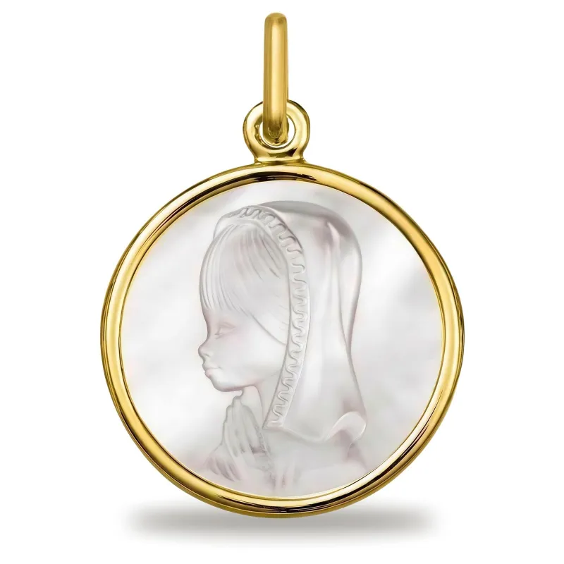 Médaille Vierge en Prière en Nacre et Or Jaune 18 Carats