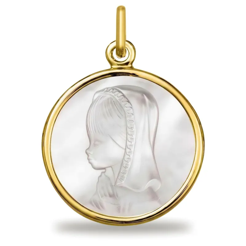 Grande Médaille Vierge en Prière 18 mm en Nacre et Or Jaune 18 Carats