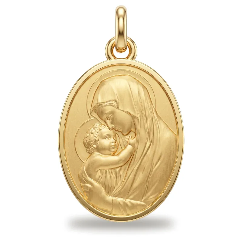 Médaille Vierge à l'Enfant Ovale Cadre Poli en Or Jaune 18 Carats