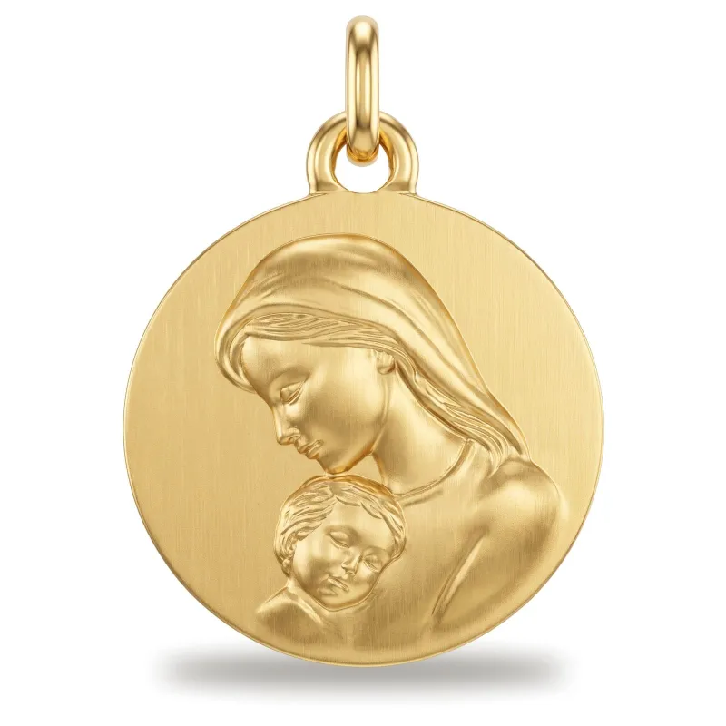 Medalla Virgen Inclinada sobre el Niño Satinada Oro Amarillo 18K - 16 mm