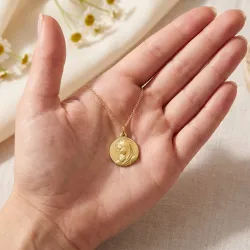 Virgin and Child Beaded Halo Medal 18K Yellow Gold - 16 mm