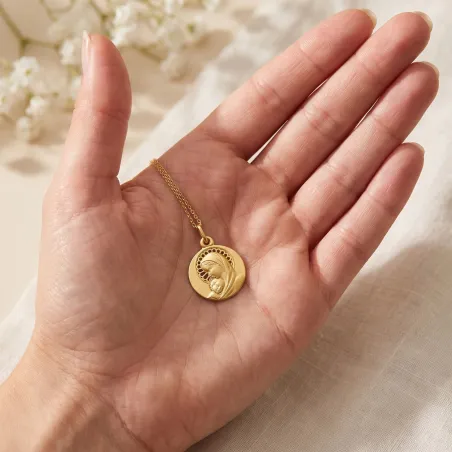Grande Médaille Vierge à l'Enfant Auréole Ajourée 18 mm en Or Jaune 18 Carats