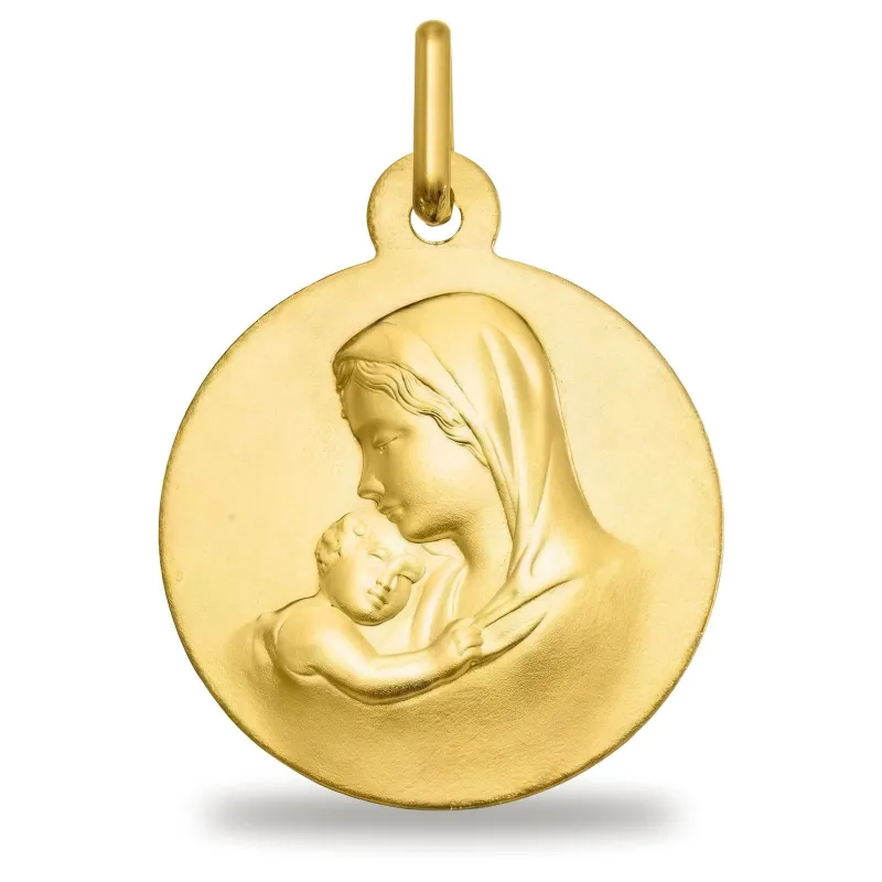 Medalla Virgen con el Niño Dormido Satinada Oro Amarillo 18K - 16 mm