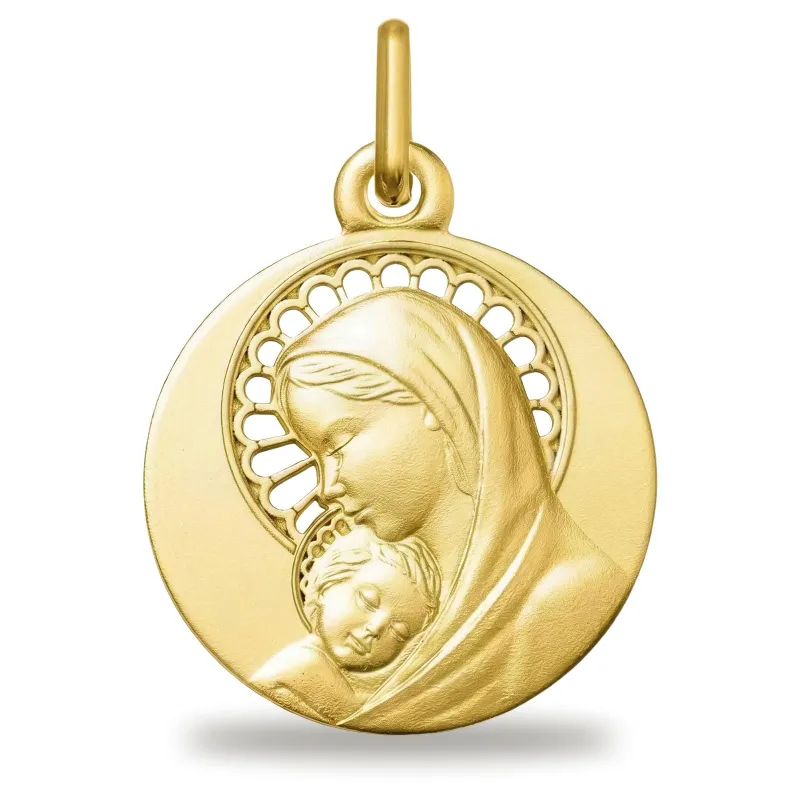 Médaille Vierge à l'Enfant Auréole Ajourée en Or Jaune 18 Carats