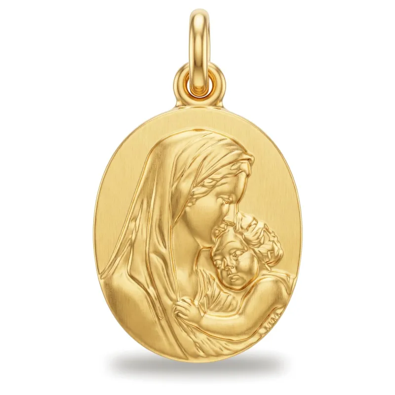 Médaille Vierge à l'Enfant Ovale Bélière Anneau en Or Jaune 18 Carats