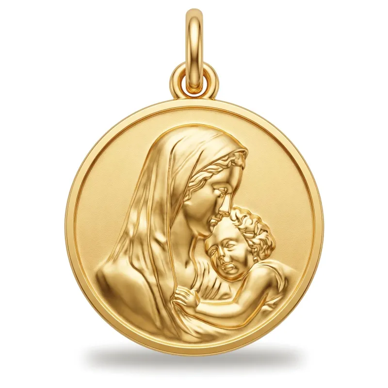 Médaille Vierge à l'Enfant Classique 15 mm en Or Jaune 18 Carats