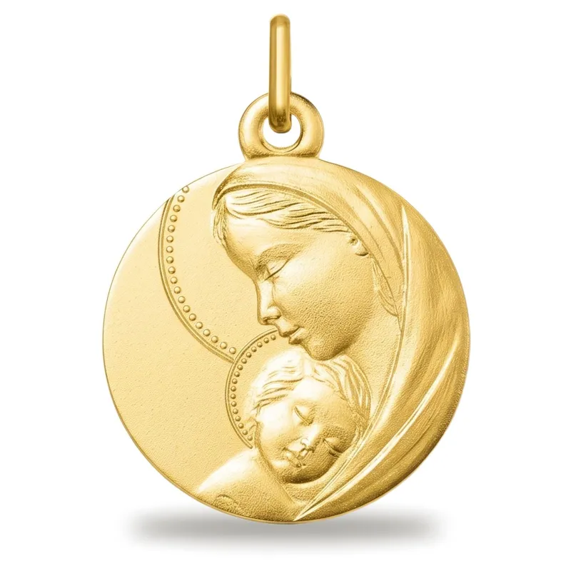 Médaille Vierge à l'Enfant Voile Perlé en Or Jaune 18 Carats