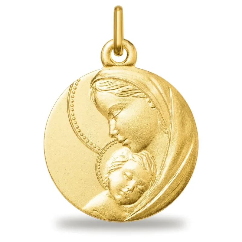 Grande Médaille Vierge à l'Enfant Voile Perlé 18 mm en Or Jaune 18 Carats