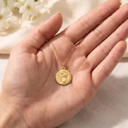 Grande M&eacute;daille Vierge &agrave; l'Enfant Voile Perl&eacute; Or Jaune 18 Carats - 18 mm