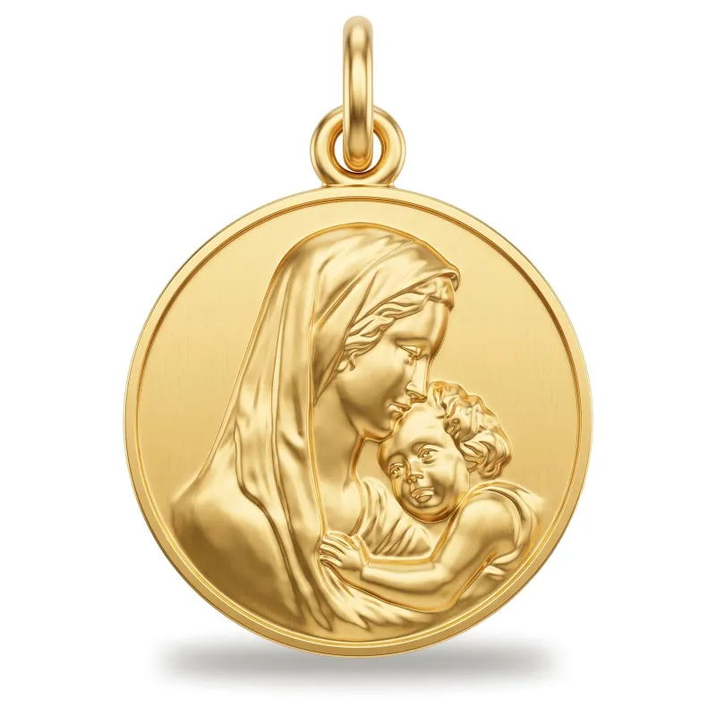 Gran Medalla Virgen con el Ni&ntilde;o Cl&aacute;sica Oro Amarillo 18K - 17 mm