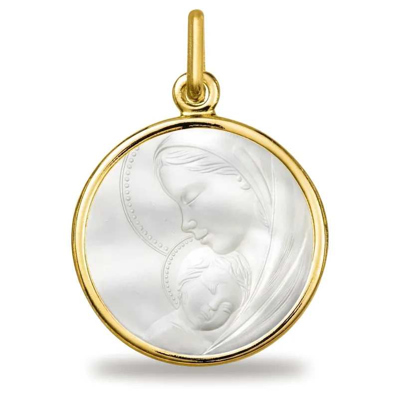 Medalla Virgen con el Niño Velo Perlado Nácar Oro Amarillo 18K - 16 mm