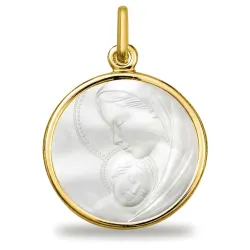 Médaille Vierge à l'Enfant Voile Perlé Nacre et Or Jaune 18 Carats - 18 mm