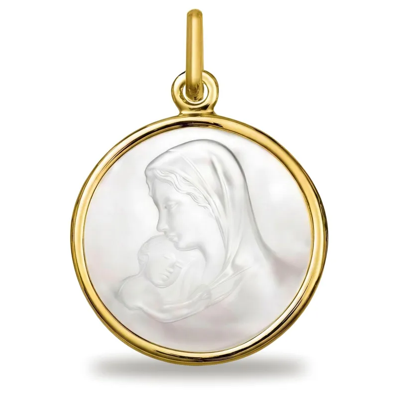 Medaille Madonna k&uuml;sst das Kind Perlmutt 18K Gelbgold - 18 mm