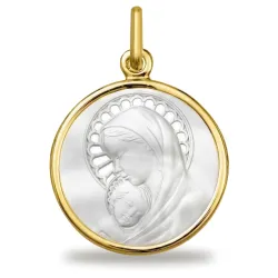 Médaille Vierge à l'Enfant Auréole Ajourée Nacre et Or Jaune 18 Carats - 16 mm