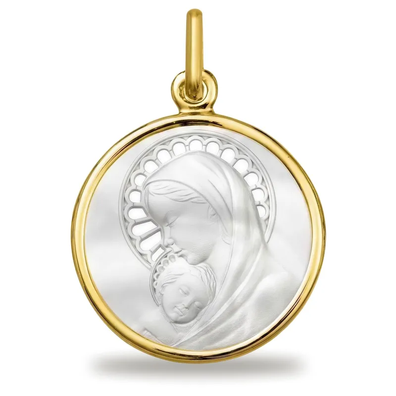 Médaille Vierge à l'Enfant Auréole Ajourée en Nacre et Or Jaune 18 Carats