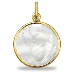 Gran Medalla Virgen con el Niño Velo Perlado Nácar Oro Amarillo 18K - 20 mm
