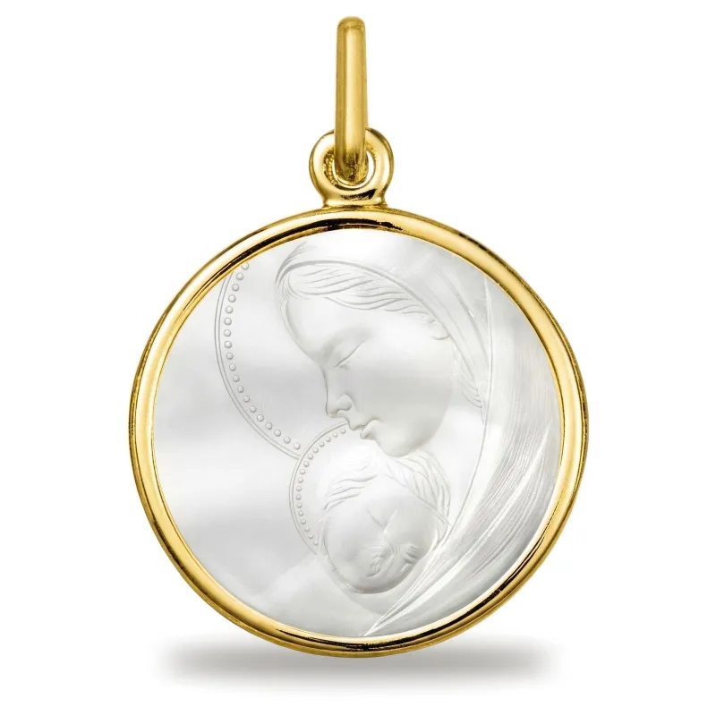 Grande Médaille Vierge à l'Enfant Voile Perlé 20 mm en Nacre et Or Jaune 18 Carats