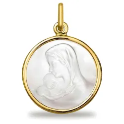 Médaille Vierge au Baiser de l'Enfant Nacre et Or Jaune 18 Carats - 16 mm