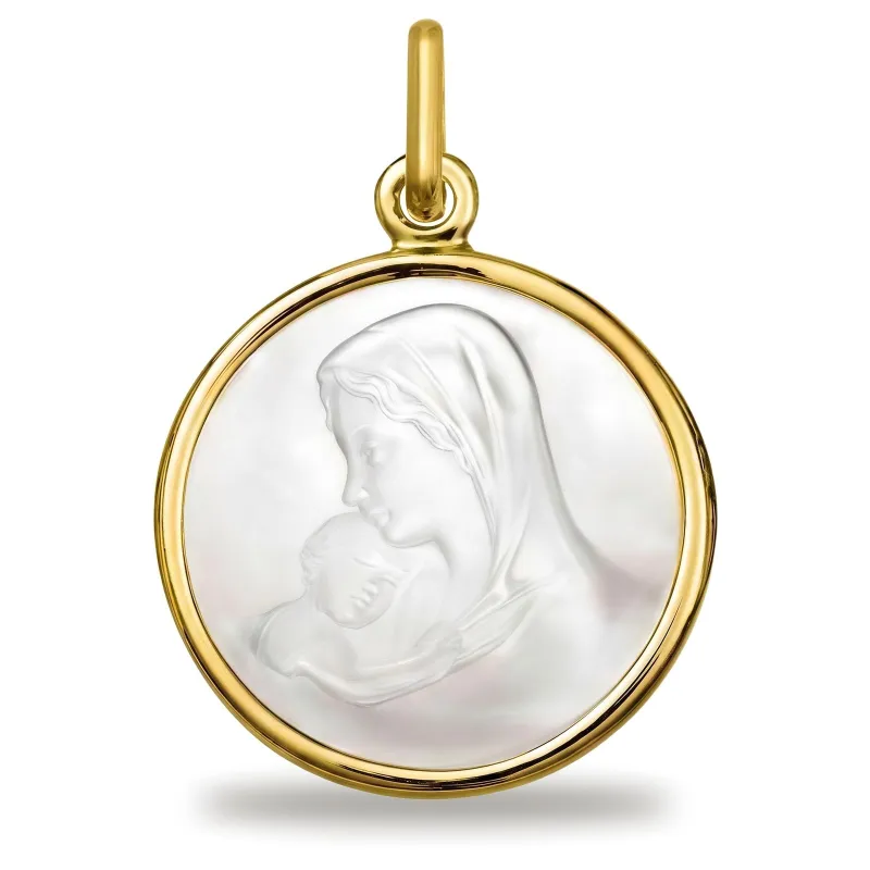 Medaille Maagd die het Kind Kust Parelmoer 18K Geelgoud - 16 mm
