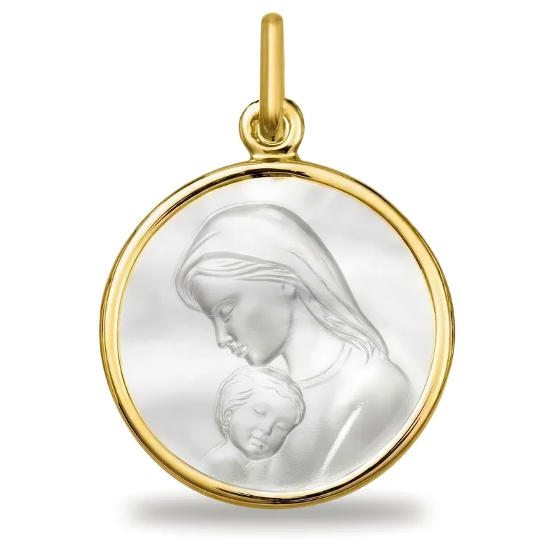 Médaille Vierge Penchée sur l'Enfant en Nacre et Or Jaune 18 Carats