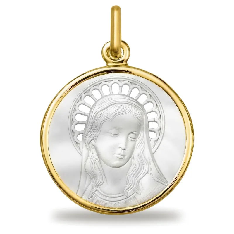 Médaille Vierge Couronnée en Nacre et Or Jaune 18 Carats