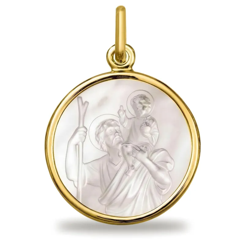 Médaille Saint Christophe 18 mm en Nacre et Or Jaune 18 Carats
