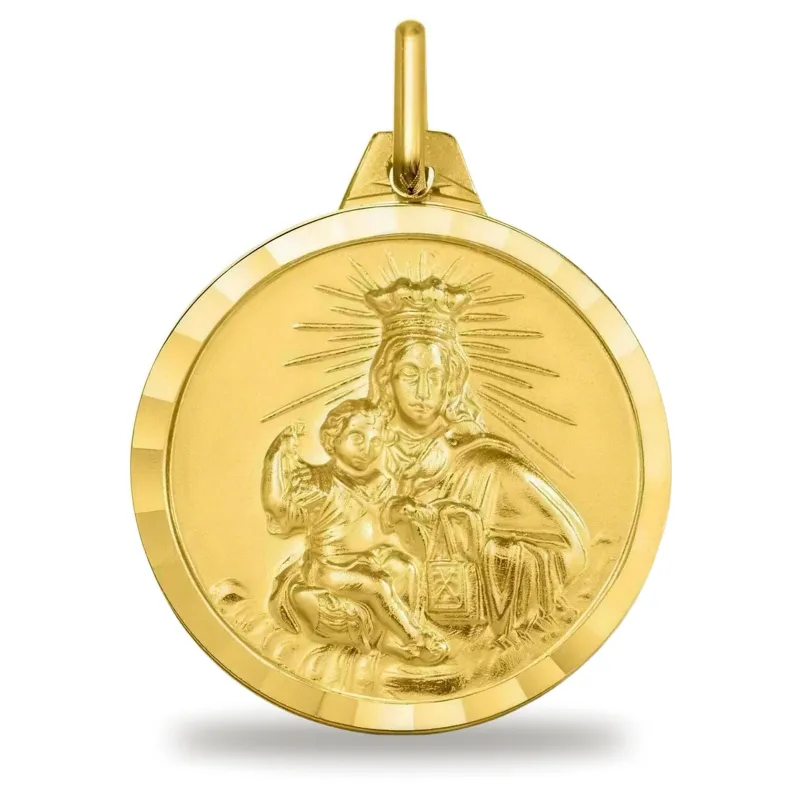 Médaille Vierge du Carmel Bord Facetté en Or Jaune 18 Carats