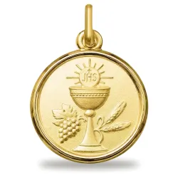Médaille Calice de Communion Cadre Poli Or Jaune 18 Carats - 14 mm