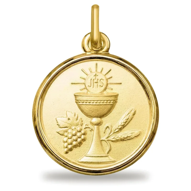 Medaille Kommunionkelch polierter Rahmen 18K Gelbgold - 14 mm