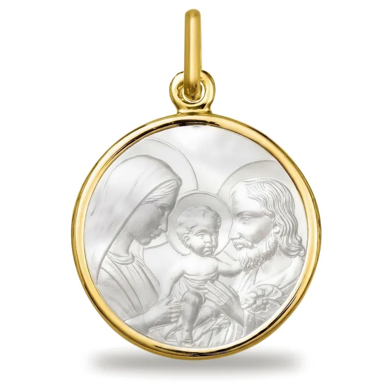 Grande Médaille Sainte Famille 20 mm en Nacre et Or Jaune 18 Carats
