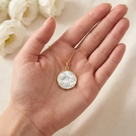 Große Medaille Heilige Familie 20 mm aus Perlmutt und 18 Karat Gelbgold