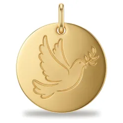 Médaille Colombe au Rameau Disque Poli Or Jaune 18 Carats - 16 mm
