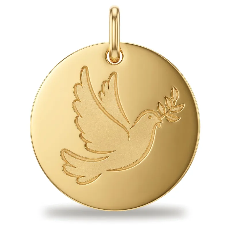 Médaille Colombe au Rameau Disque Poli en Or Jaune 18 Carats