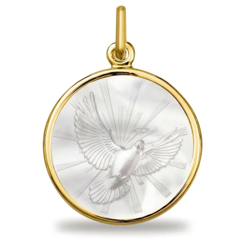 Large Dove of the Holy Spirit Medal 20 mm in Mother-of-Pearl and 18 Carat Yellow Gold