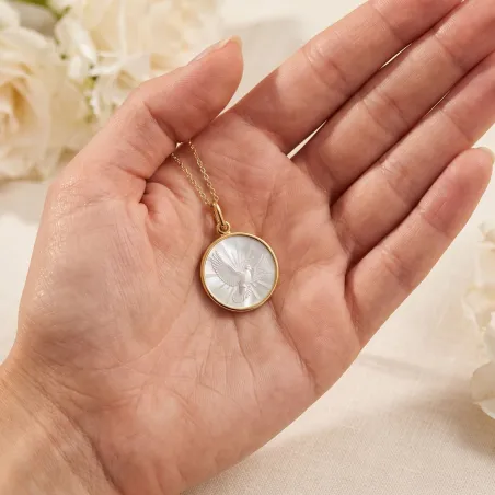 Große Medaille Taube des Heiligen Geistes 20 mm aus Perlmutt und 18 Karat Gelbgold