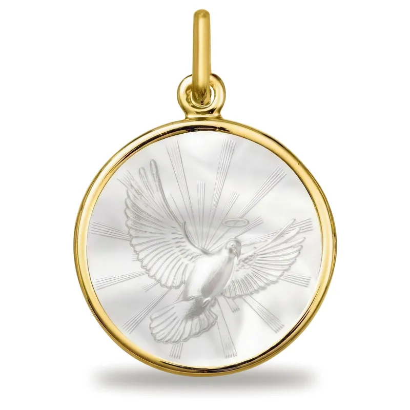 Médaille Colombe du Saint-Esprit en Nacre et Or Jaune 18 Carats