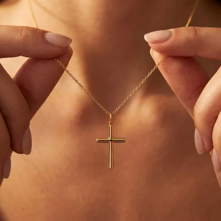 Tube Cross Pendant 29 mm in 18 Carat Yellow Gold