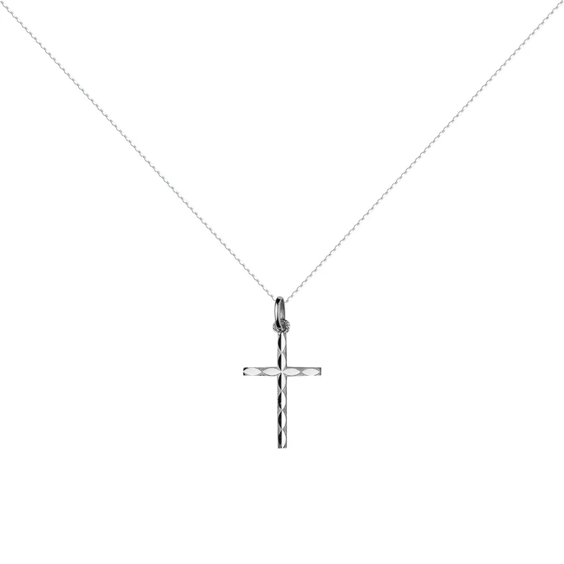 Diamond-Cut Cross Pendant 18K White Gold - 21 x 12 mm