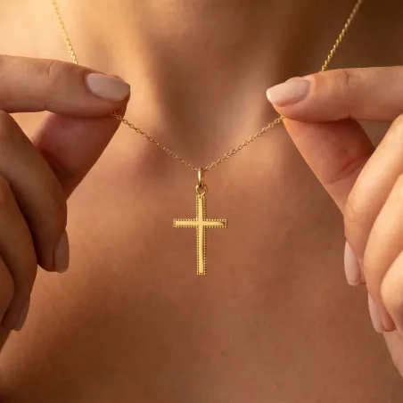 Pendentif Croix Bordure Perlée 23 mm en Or Jaune 18 Carats