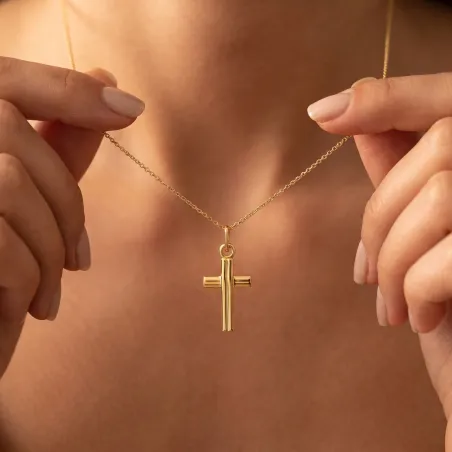 Pendentif Croix à Filets Gravés 24 mm en Or Jaune 18 Carats