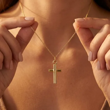 Pendentif Croix à Filets Gravés 30 mm en Or Jaune 18 Carats
