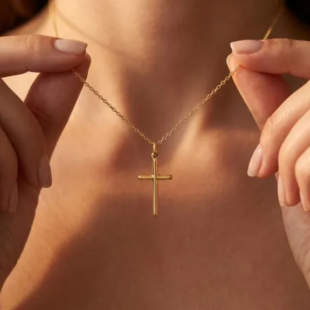 Pendentif Croix Tube Plein 20 mm en Or Jaune 18 Carats